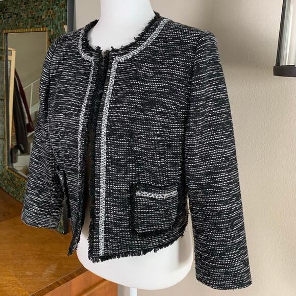 Frenchi Size L Tweed Crop Blazer Jacket Black and White Fringe Trim Preppy Fall - Picture 3 of 10